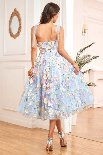 A Line Spaghetti Straps Blå Te Længde Gallakjolle med 3D Blomster